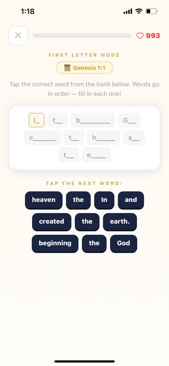 First Letter Mode game screen