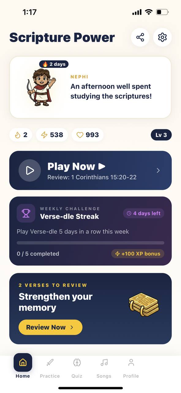 Scripture Power App Home Screen with Nephi mascot and Play Now button